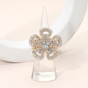Gold Flower Stretch Rhinestone Fashion Statement Ring Finger Adjustable